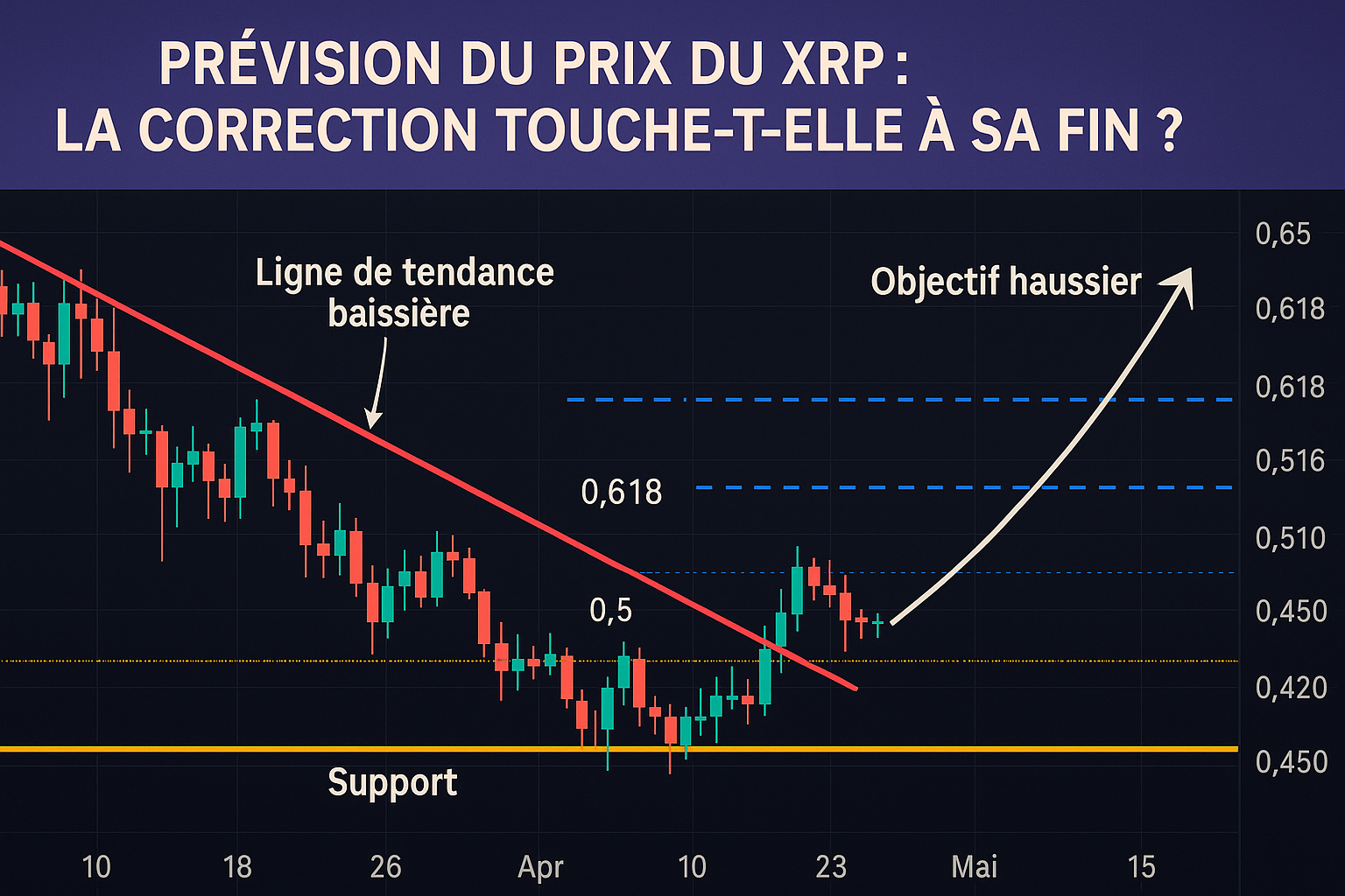 L’image montre un graphique de trading du XRP avec une tendance baissière.
