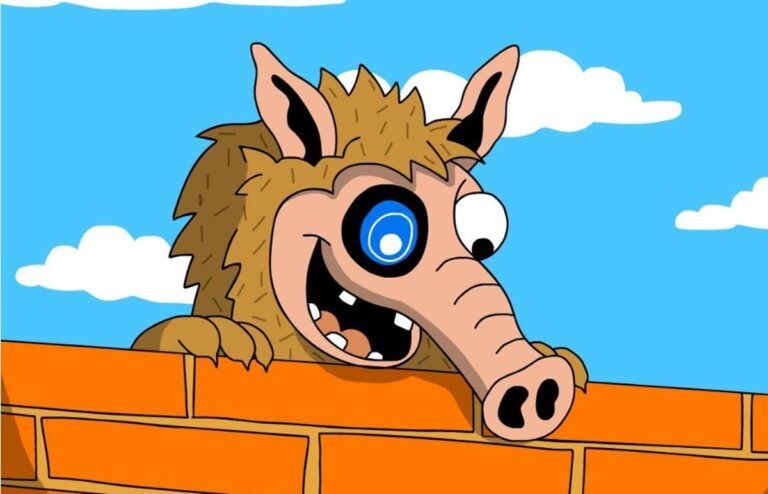 การ์ตูนตัวละคร Snorter Bot โผล่พ้นกำแพงอิฐ