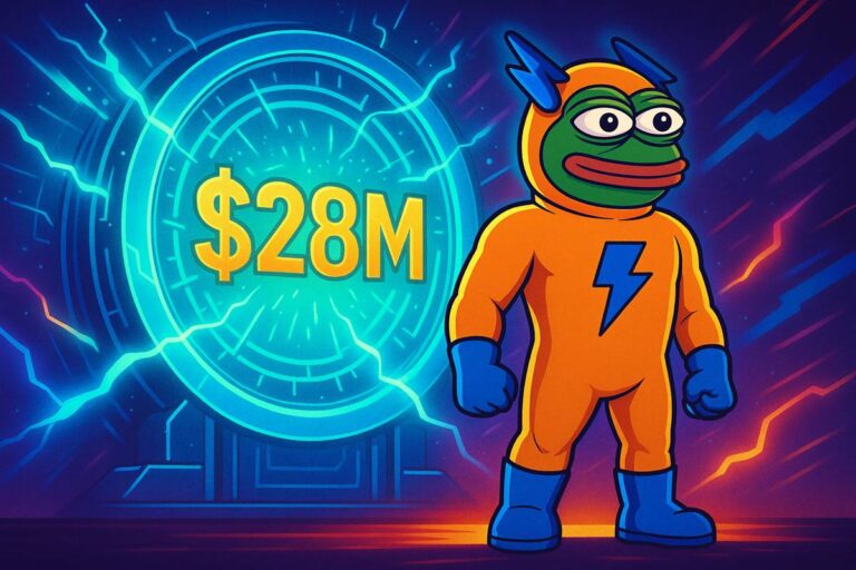 มาสคอต Bitcoin Hyper ยืนหน้าตู้ออร่าพลังสีฟ้าเรืองแสง