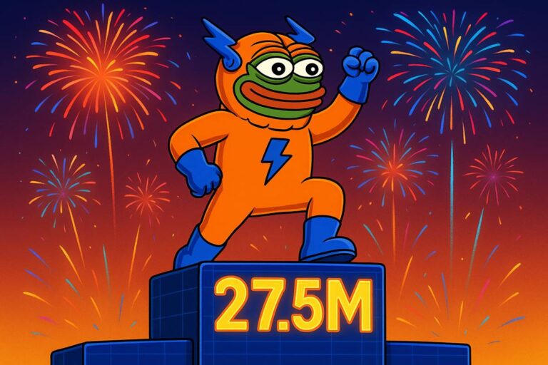 ตัวละคร Bitcoin Hyper ยืนบนแท่น 27.5M พร้อมดอกไม้ไฟหลากสี