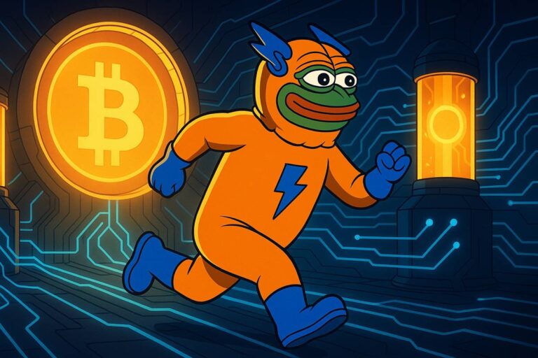 มาสคอต Bitcoin Hyper วิ่งในห้องเครื่องดิจิทัลพร้อมสัญลักษณ์บิตคอยน์