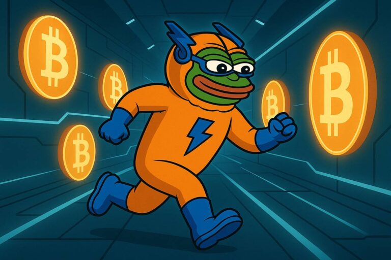 มาสคอต Bitcoin Hyper วิ่งในอุโมงค์อนาคตพร้อมสัญลักษณ์ Bitcoin เรืองแสง