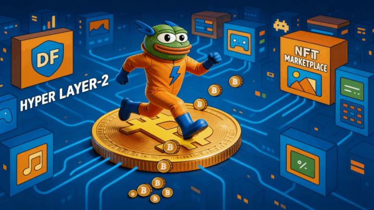 มาสคอต Bitcoin Hyper ชุดส้มยืนบนเหรียญทองกลางเมืองดิจิทัล