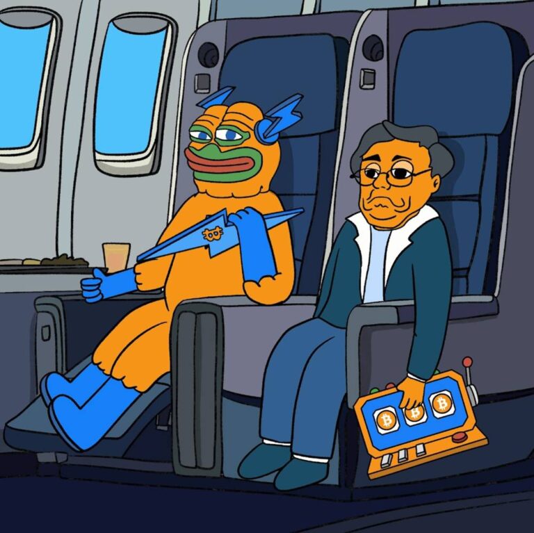 มาสคอต Bitcoin Hyper นั่งบนเครื่องบิน ถือสัญลักษณ์ Bitcoin และอุปกรณ์คริปโต