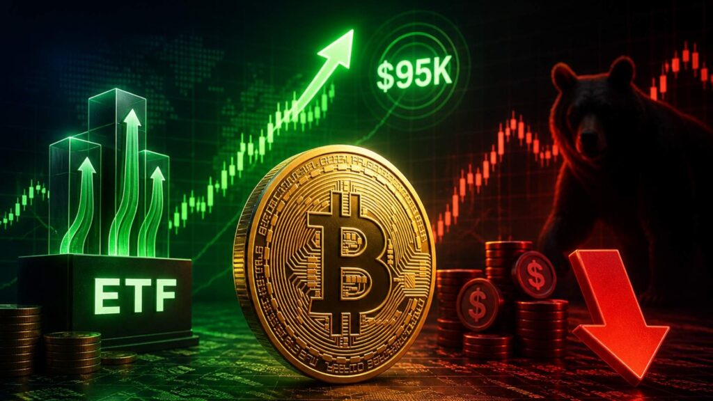 El precio del Bitcoin se acerca a los 95.000 $ mientras los flujos de ETFs se mantienen y se acumulan las posiciones cortas
